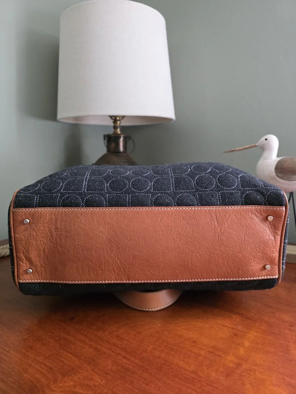 Kate Spade WKRU0223 Quilted Wool Dark Gray Tan Leather Tote Shoulder Bag